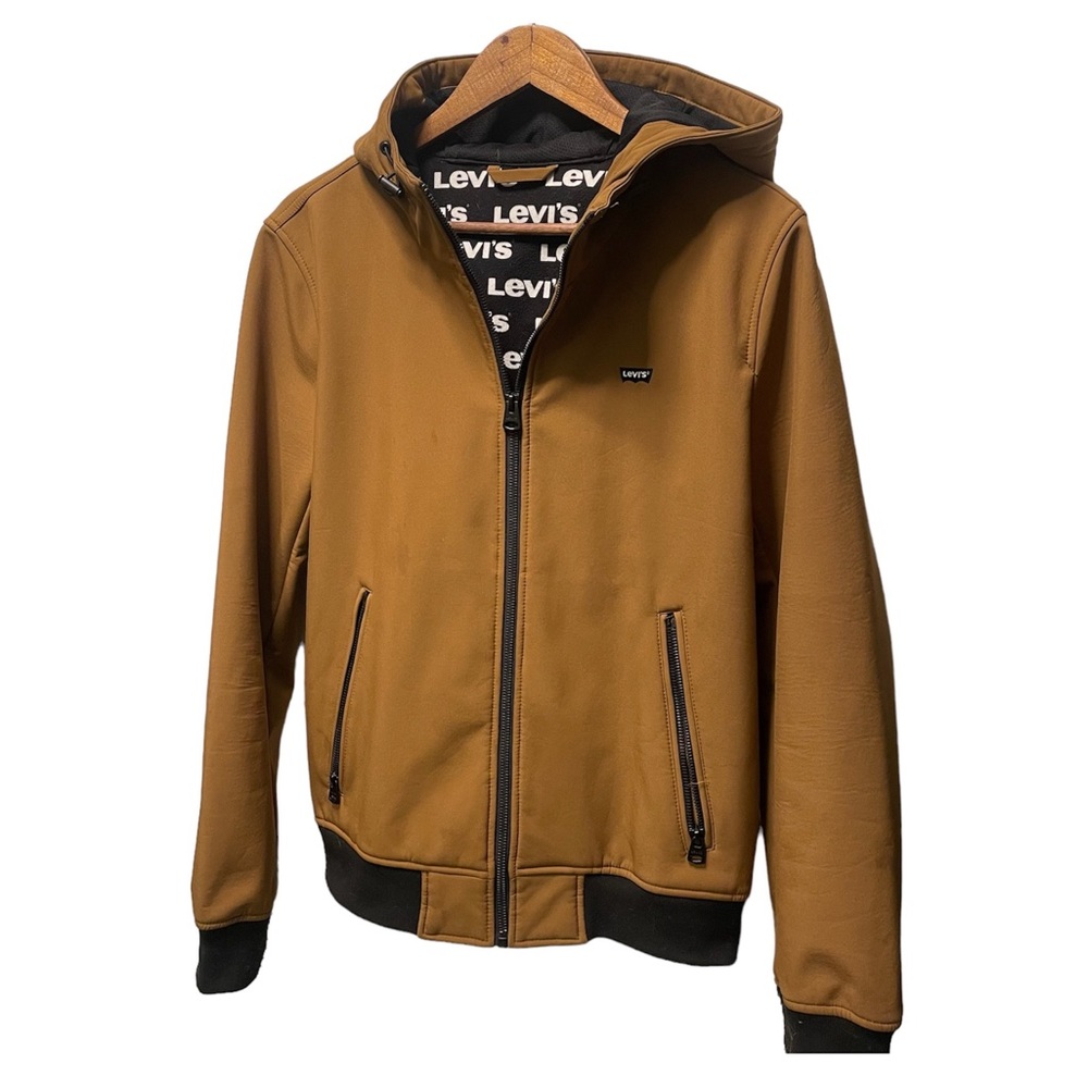 MENS LEVIS SOFTSHELL HOODED BOMBER JACKET WITH FLEECE LOGO LINING SIZE SMALL